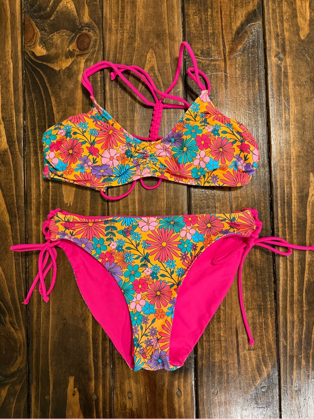Amazon Bright Floral Pink & Yellow Tie-Side Bikini
